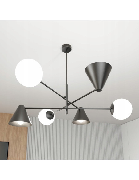Żyrandol industrialny HERMES w formie kapelusika, czarny, 6 punktów świetlnych, elegancki metalowy design