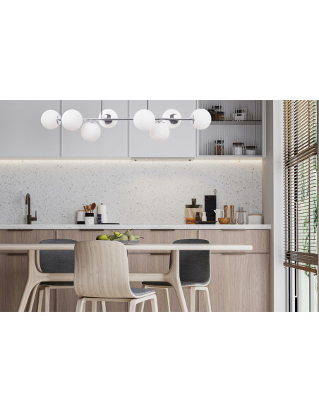 Lampa wisząca SIENA 8 - Nowoczesne oświetlenie z chromowanym wykończeniem i białymi kloszami szklanymi