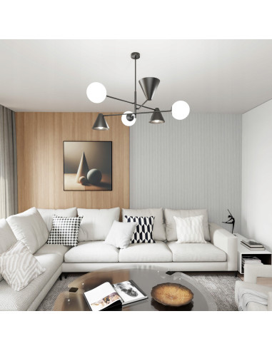 Żyrandol industrialny HERMES w formie kapelusika, czarny, 6 punktów świetlnych, elegancki metalowy design