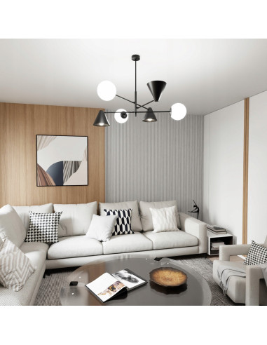 Żyrandol industrialny HERMES w formie kapelusika, czarny, 6 punktów świetlnych, elegancki metalowy design