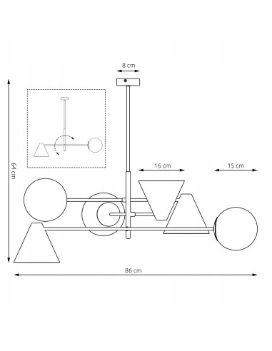 Żyrandol industrialny HERMES w formie kapelusika, czarny, 6 punktów świetlnych, elegancki metalowy design