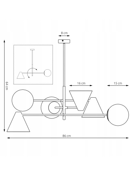 Żyrandol industrialny HERMES w formie kapelusika, czarny, 6 punktów świetlnych, elegancki metalowy design