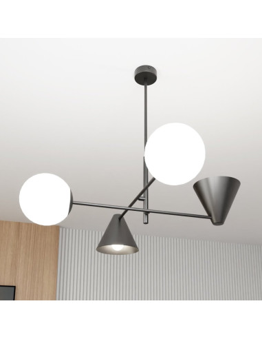 Lampa wisząca Hermes - nowoczesne oświetlenie sufitowe w eleganckiej czerni, 4-punktowa, metalowo-szklana.