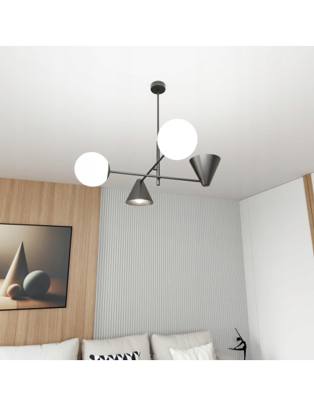 Lampa wisząca Hermes - nowoczesne oświetlenie sufitowe w eleganckiej czerni, 4-punktowa, metalowo-szklana.