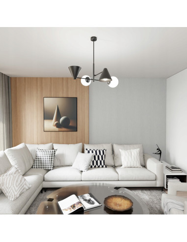 Lampa wisząca Hermes - nowoczesne oświetlenie sufitowe w eleganckiej czerni, 4-punktowa, metalowo-szklana.