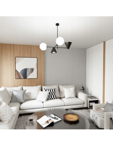 Lampa wisząca Hermes - nowoczesne oświetlenie sufitowe w eleganckiej czerni, 4-punktowa, metalowo-szklana.