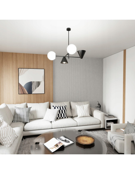 Lampa wisząca Hermes - nowoczesne oświetlenie sufitowe w eleganckiej czerni, 4-punktowa, metalowo-szklana.