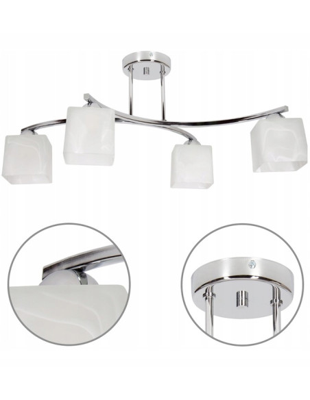 Nowoczesny plafon Canis w srebrze z czterema mlecznymi kloszami - eleganckie oświetlenie do różnych wnętrz