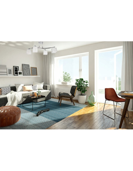 Nowoczesny plafon Canis w srebrze z czterema mlecznymi kloszami - eleganckie oświetlenie do różnych wnętrz