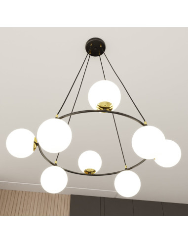 Lampa wisząca AZURA 8-biegunowa w białych kloszach ze złotymi detalami - elegancja do salonu i biura