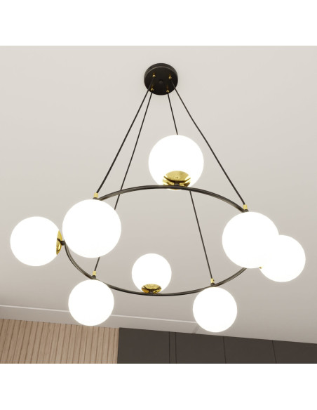 Lampa wisząca AZURA 8-biegunowa w białych kloszach ze złotymi detalami - elegancja do salonu i biura