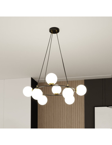 Lampa wisząca AZURA 8-biegunowa w białych kloszach ze złotymi detalami - elegancja do salonu i biura