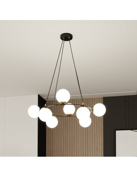 Lampa wisząca AZURA 8-biegunowa w białych kloszach ze złotymi detalami - elegancja do salonu i biura