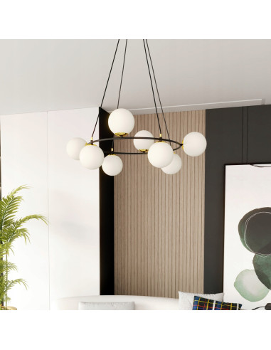 Lampa wisząca AZURA 8-biegunowa w białych kloszach ze złotymi detalami - elegancja do salonu i biura