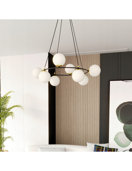 Lampa wisząca AZURA 8-biegunowa w białych kloszach ze złotymi detalami - elegancja do salonu i biura