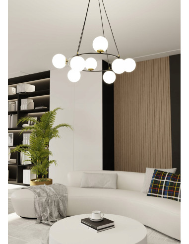 Lampa wisząca AZURA 8-biegunowa w białych kloszach ze złotymi detalami - elegancja do salonu i biura