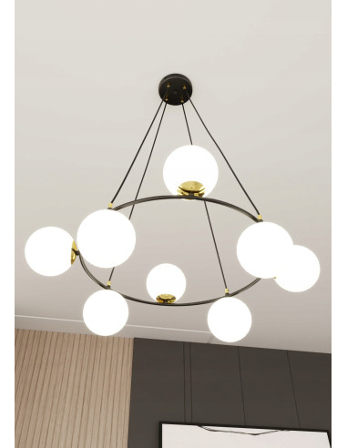 Lampa wisząca AZURA 8-biegunowa w białych kloszach ze złotymi detalami - elegancja do salonu i biura