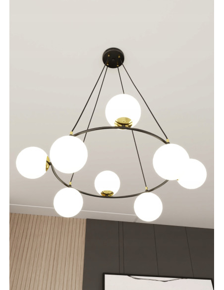 Lampa wisząca AZURA 8-biegunowa w białych kloszach ze złotymi detalami - elegancja do salonu i biura