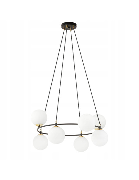 Lampa wisząca AZURA 8-biegunowa w białych kloszach ze złotymi detalami - elegancja do salonu i biura