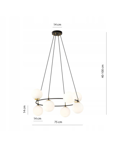 Lampa wisząca AZURA 8-biegunowa w białych kloszach ze złotymi detalami - elegancja do salonu i biura