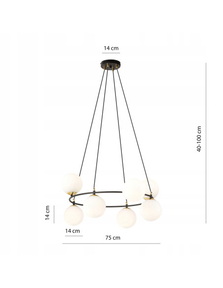 Lampa wisząca AZURA 8-biegunowa w białych kloszach ze złotymi detalami - elegancja do salonu i biura