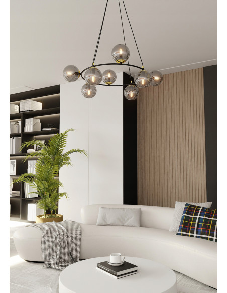 Lampa wisząca AZURA 8 - elegancja w minimalistycznym stylu z dymionymi kloszami do nowoczesnych wnętrz