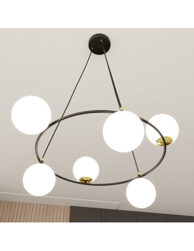 Lampa wisząca AZURA w czerni i złocie z białymi kloszami - nowoczesny design do eleganckiego wnętrza
