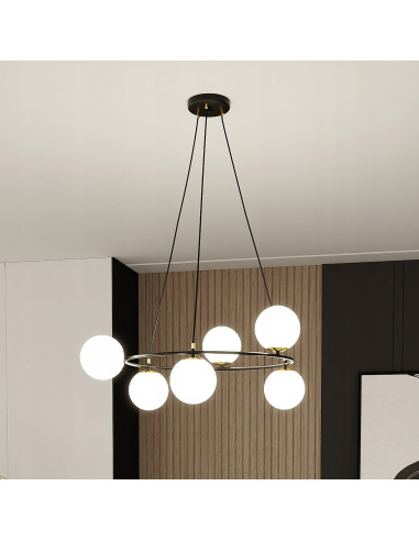 Lampa wisząca AZURA w czerni i złocie z białymi kloszami - nowoczesny design do eleganckiego wnętrza