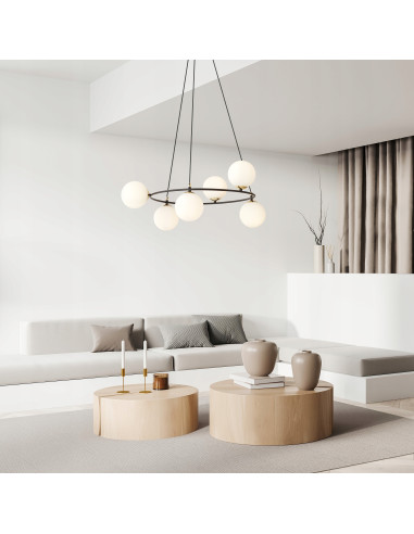 Lampa wisząca AZURA w czerni i złocie z białymi kloszami - nowoczesny design do eleganckiego wnętrza