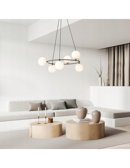 Lampa wisząca AZURA w czerni i złocie z białymi kloszami - nowoczesny design do eleganckiego wnętrza