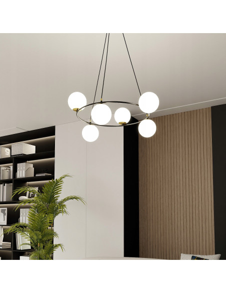 Lampa wisząca AZURA w czerni i złocie z białymi kloszami - nowoczesny design do eleganckiego wnętrza