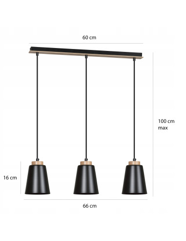 Lampa Wisząca BOLERO 3 BLACK w Stylu Skandynawskim z Regulacją Wysokości do Jadalni i Kuchni