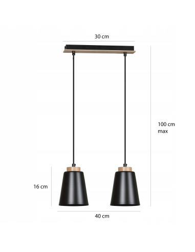 Lampa wisząca BOLERO w stylu skandynawskim, czarna z drewnianymi akcentami, 2-punktowa E27 do nowoczesnych wnętrz