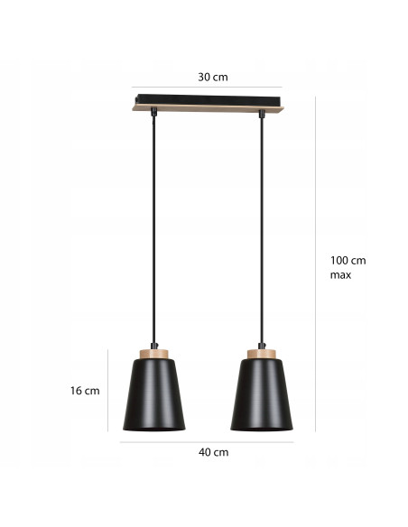 Lampa wisząca BOLERO w stylu skandynawskim, czarna z drewnianymi akcentami, 2-punktowa E27 do nowoczesnych wnętrz