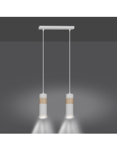 Lampa wisząca Akari 2 w stylu loftowym z drewnianymi akcentami - biała, 2 punkty świetlne, idealna do nowoczesnych wnętrz