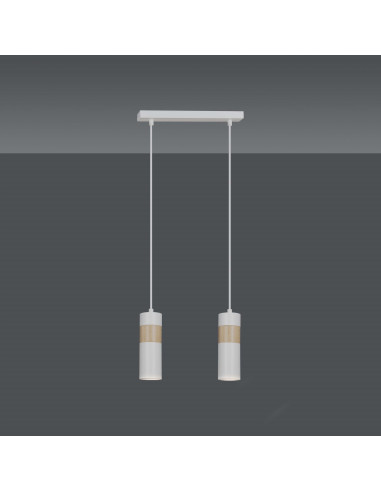 Lampa wisząca Akari 2 w stylu loftowym z drewnianymi akcentami - biała, 2 punkty świetlne, idealna do nowoczesnych wnętrz