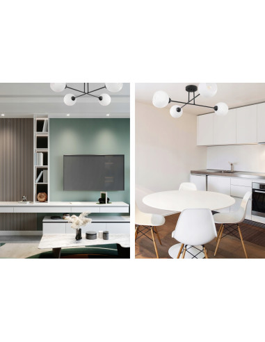 Plafon sufitowy Asturia z 4 białymi kloszami, nowoczesna lampa do salonu, jadalni i biura w eleganckiej czerni i bieli