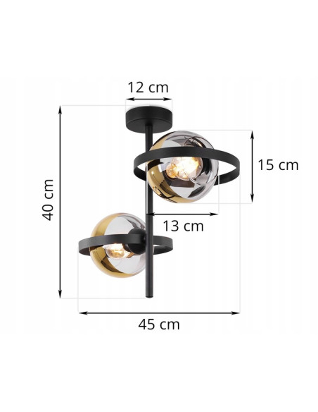 Lampa sufitowa Ronda w czarnym i złotym kolorze, regulowana wysokość, eleganckie klosze szklane E27, 2 punkty świetlne