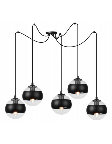 Lampa sufitowa industrialna TOLEDO 5L, czarna metalowo-szklana, regulowana, do biura i jadalni