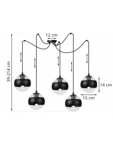 Lampa sufitowa industrialna TOLEDO 5L, czarna metalowo-szklana, regulowana, do biura i jadalni