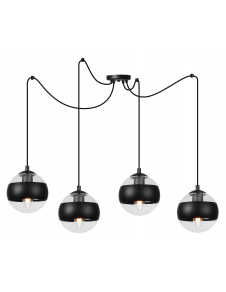 Lampa wisząca TOLEDO w stylu industrialnym z regulacją wysokości i 4 źródłami światła E14, klosze szklane z czarnym akcentem