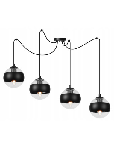 Lampa wisząca TOLEDO w stylu industrialnym z regulacją wysokości i 4 źródłami światła E14, klosze szklane z czarnym akcentem