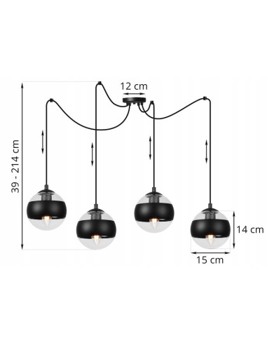Lampa wisząca TOLEDO w stylu industrialnym z regulacją wysokości i 4 źródłami światła E14, klosze szklane z czarnym akcentem