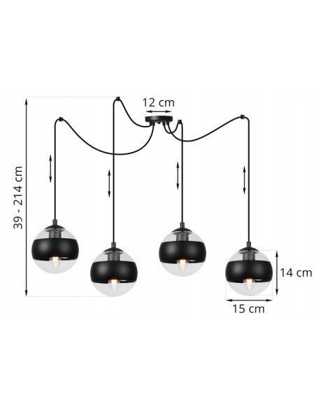 Lampa wisząca TOLEDO w stylu industrialnym z regulacją wysokości i 4 źródłami światła E14, klosze szklane z czarnym akcentem