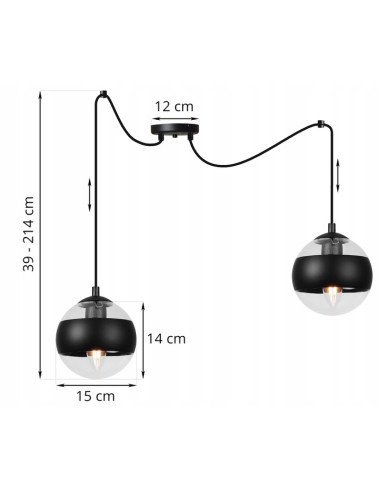 Lampa wisząca TOLEDO w stylu industrialnym z regulowanym kloszem - czarny metal, szkło, 2 punkty świetlne E14