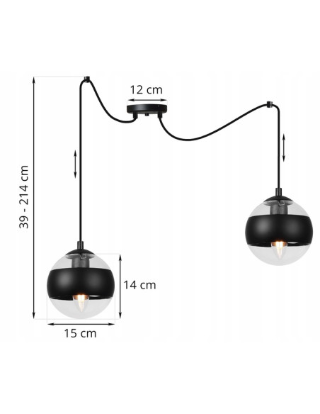 Lampa wisząca TOLEDO w stylu industrialnym z regulowanym kloszem - czarny metal, szkło, 2 punkty świetlne E14
