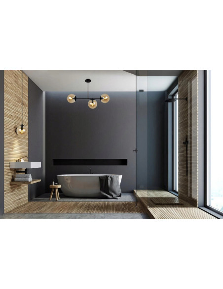 Plafon Tuluza 3-punkowy w czerni z miodowymi kloszami, idealny do kuchni i jadalni, nowoczesny design i elegancja.