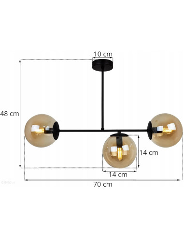 Plafon Tuluza 3-punkowy w czerni z miodowymi kloszami, idealny do kuchni i jadalni, nowoczesny design i elegancja.
