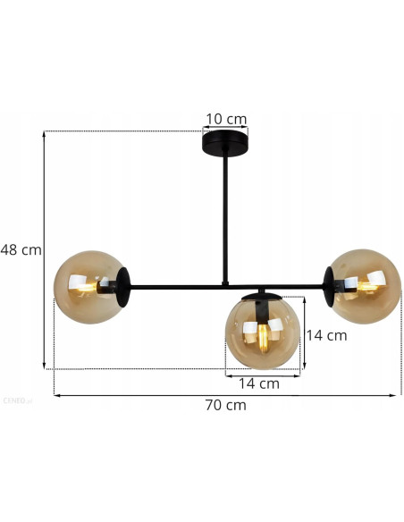 Plafon Tuluza 3-punkowy w czerni z miodowymi kloszami, idealny do kuchni i jadalni, nowoczesny design i elegancja.
