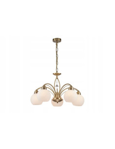 Elegancki żyrandol Vanity z 5 białymi kloszami w złotym wykończeniu do nowoczesnych i klasycznych wnętrz